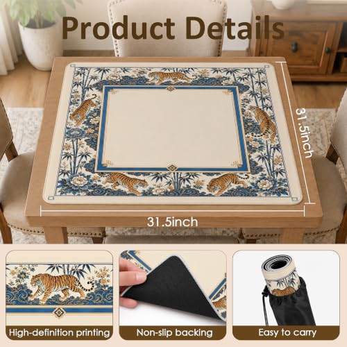 Chinoiserie Tiger Mahjong Mat 31.5" Square - Anti-Slip Noise-Reducing Cover