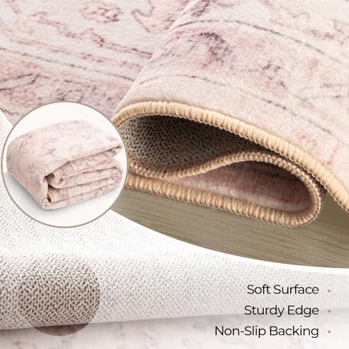 5x7 Washable Floral Area Rug – Non-Slip Pink Low Pile Nursery Carpet