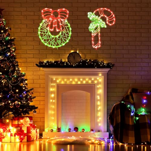 GMFINE 2-Pack Christmas Window Silhouette Lights: Wreath & Candy Cane, Plug-In Indoor/Outdoor