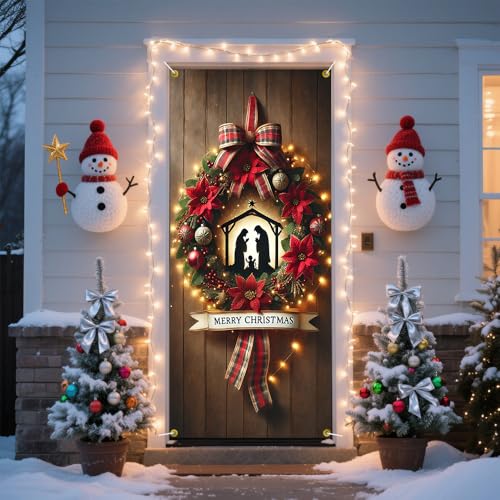Christmas Nativity Scene Door Cover with Poinsettia Plaid Bow - Colorful B618