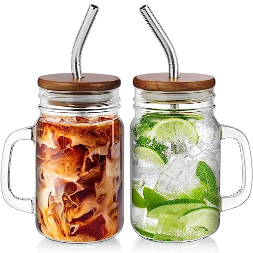 DRASTAR Clear 16 oz Mason Jar Coffee Cups Set of 2 with Handles & Lids