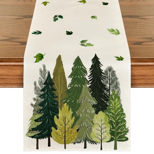 Artoid Mode Fallen Leaves Pine Trees Forest Summer Table Runner 13x60 Inch Beige-Green