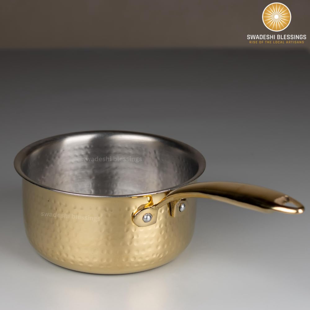 Swadeshi Blessings Exclusive Range Brass Sauce Pan for Cooking without Lid/Teflon-Free/Naturally Non-Stick Brass Utensils with Tin Coating (1.5 Liters)