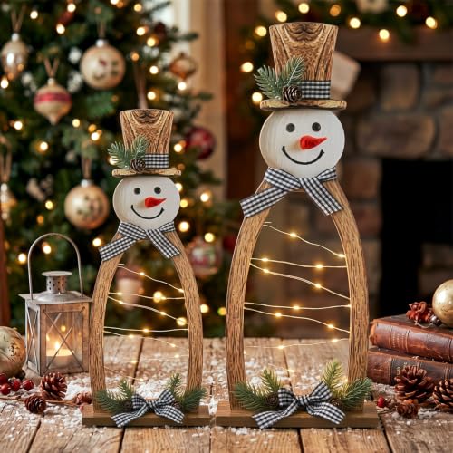 Christmas Snowman Decor Set with LED Lights - Rustic Wooden Tabletop Holiday Figurines