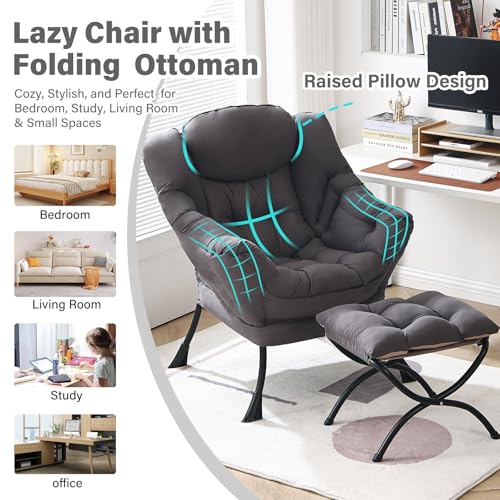Modern Lazy Accent Chair with Ottoman and Folding Footrest, Dark Grey