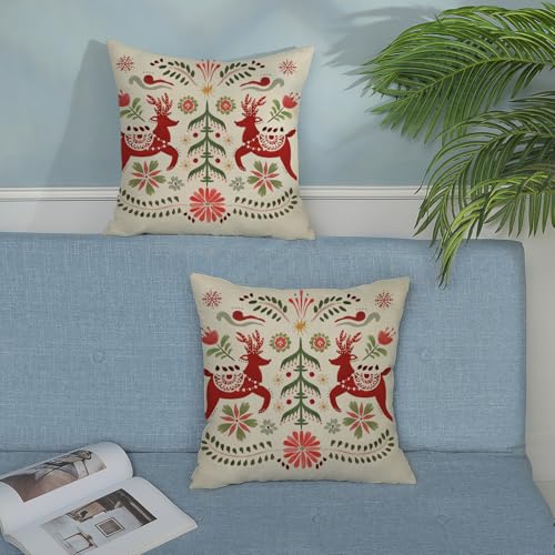 DAFENA 18x18 Inch Red Green Deer & Christmas Tree Holiday Throw Pillow Covers - Pack of 2