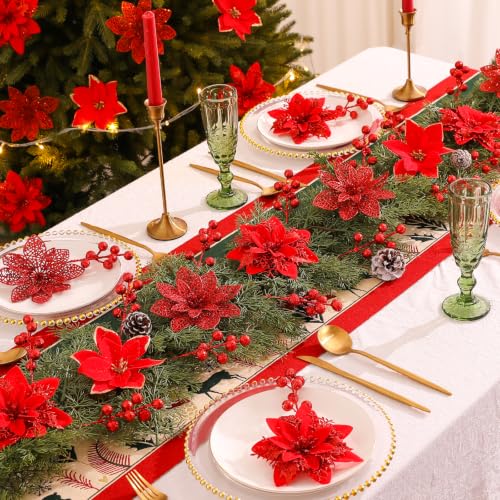 Nubry 30Pcs Red Glitter Poinsettia with Clips & Berry Picks - Red-30