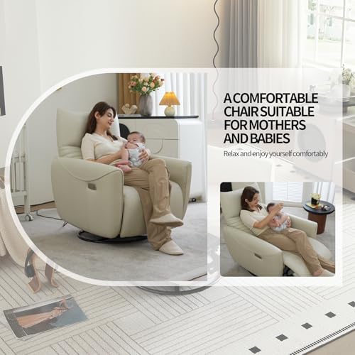 Power Recliner Glider Rocker Chair with 270° Swivel, Beige Leather