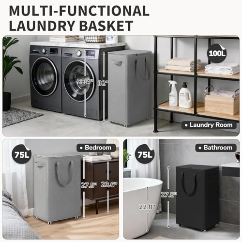 Goodpick 75L Rolling Laundry Hamper with Lid & Removable Bag, Grey