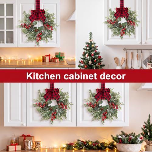 Sggvecsy 4-Pack Mini Christmas Cabinet Wreaths with Norfolk Pine & Burlap Bows