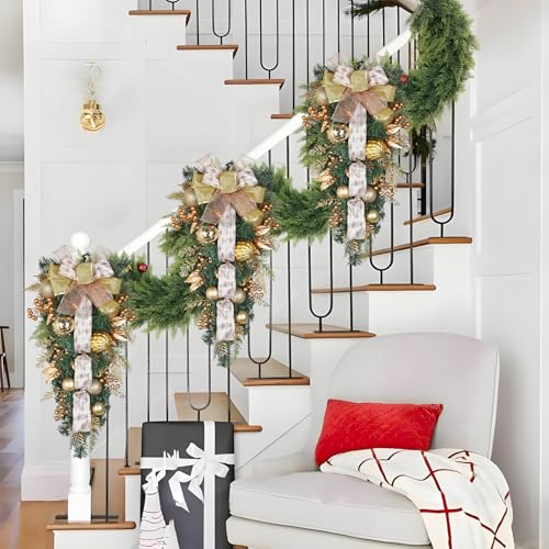 27.5-Inch Artificial Christmas Teardrop Swag with Gold Ornaments and Bow