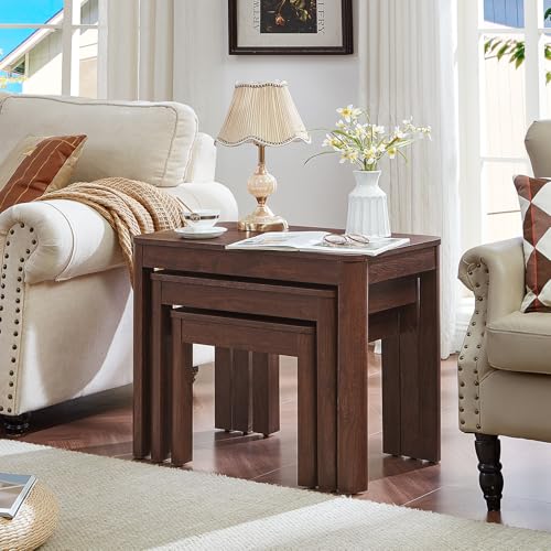 3-Piece Walnut Nesting Table Set, Rustic Farmhouse Side Tables