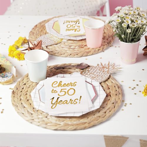 Sllyfo 50th Birthday Party Napkins White & Gold 50 Pack Cheers to 50 Years 5x5"