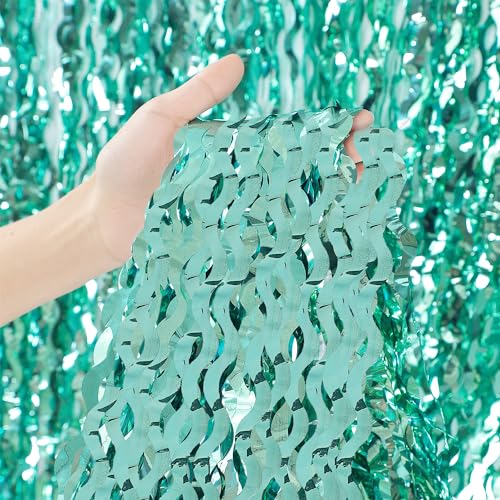 3 Pack Teal Wavy Foil Fringe Curtains 3.3ft x 6.6ft Metallic Backdrop