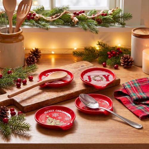 Domensi 4 Pcs Christmas Ceramic Spoon Rests Set - Snowman Christmas Tree Edition