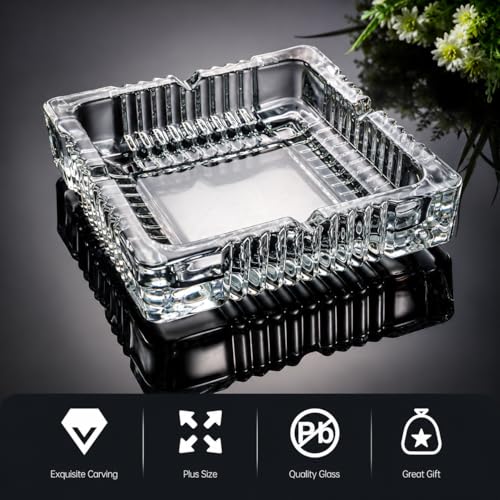 Large 7-Inch Square Crystal Glass Ashtray with 4 Slots for Cigars