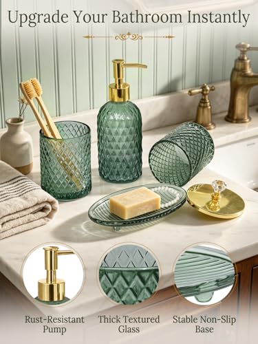 4-Piece Sage Green Glass Bathroom Accessory Set with Soap Dispenser