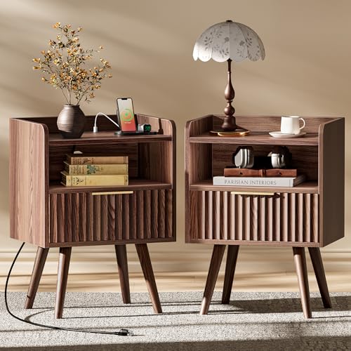 Set of 2 Nightstands with Charging Station, Fluted Drawer & USB-C Port