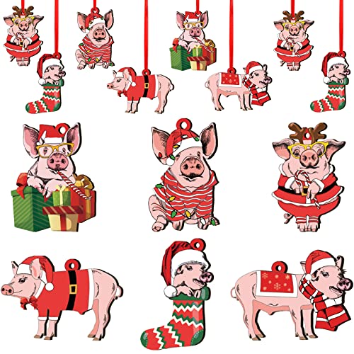 Farmhouse Christmas Pig Ornaments 36 Pcs Wooden Holiday Decorations for Tree & Gifting
