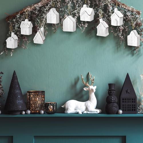 9 Pieces Small White Ceramic Village House Ornaments for Christmas Tree Hanging Decorations with Gold Ropes Mini Xmas Figurines Set Stocking Stuffers Table Centerpieces