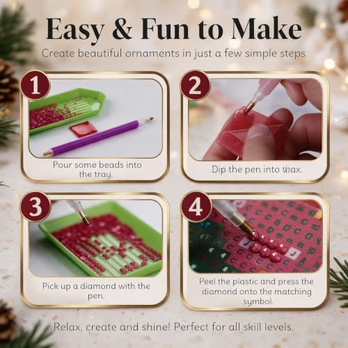 DIY Pearl Diamond Art Ornaments Set - 6 Wooden Holiday Decorations with Pearls & Gems