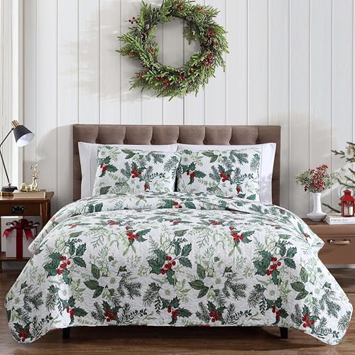 Beatrice Home Fashions Full/Queen 3-Piece Lightweight Holiday Quilt Set, Green Bouquet