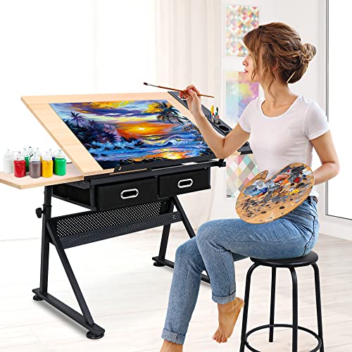 Adjustable Drafting Desk and Stool Set with Tiltable Tabletop and Drawers