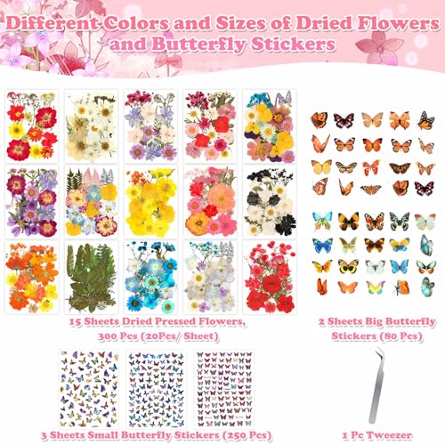 630 Pcs Dried Pressed Flowers and Butterfly Stickers Set for DIY Crafts