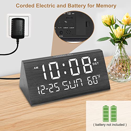 Wooden Digital Alarm Clock with USB Charging Port & Temperature Display
