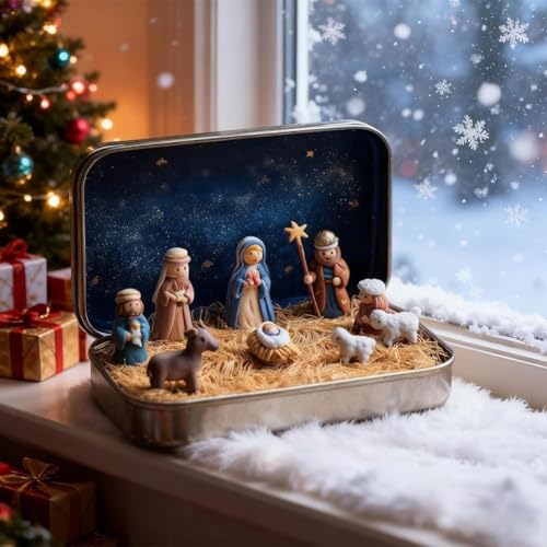 Mini Christmas Nativity Set in Tin Box - Handcrafted Pocket Scene
