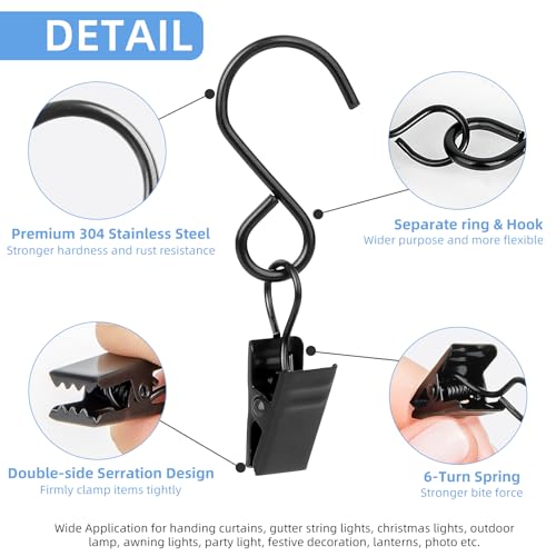 2.4-Inch Stainless Steel S Hooks with Clips - 45 Pack Black Hanging Clips