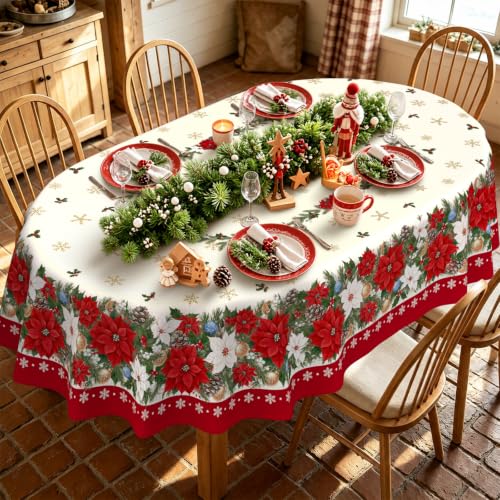 OwBgsdh 60x102 Oval Poinsettia Christmas Tablecloth - Waterproof, Wrinkle-Resistant Linen