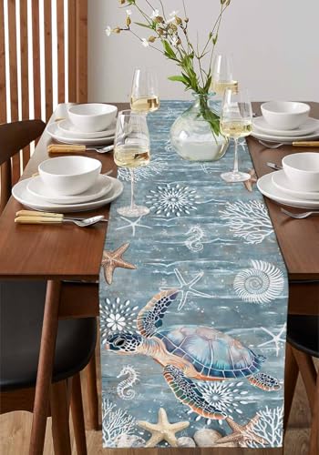 Lsrtoss Beige Blue Coastal Table Runner 13 x 60 Inches Summer Beach Nautical Decor