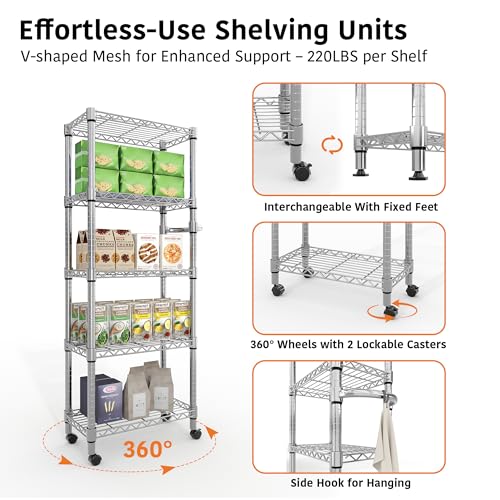 61-Inch Rolling Metal Wire Storage Rack with 5 Tiers and Wheels