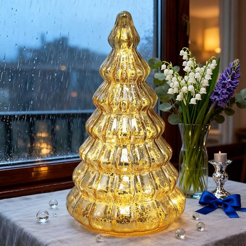 Gold Mercury Glass Christmas Tree Lamp with Timer, Battery Operated Night Light, 8.2-inch Tabletop Holiday Decor