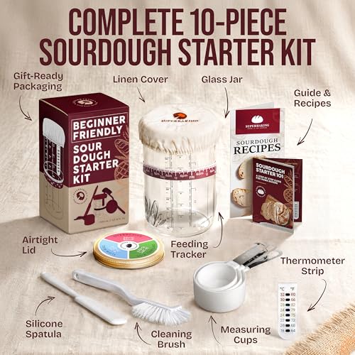 Sourdough Starter Jar Kit 34oz Wide Mouth Glass Crock with Dual Lids and Tools