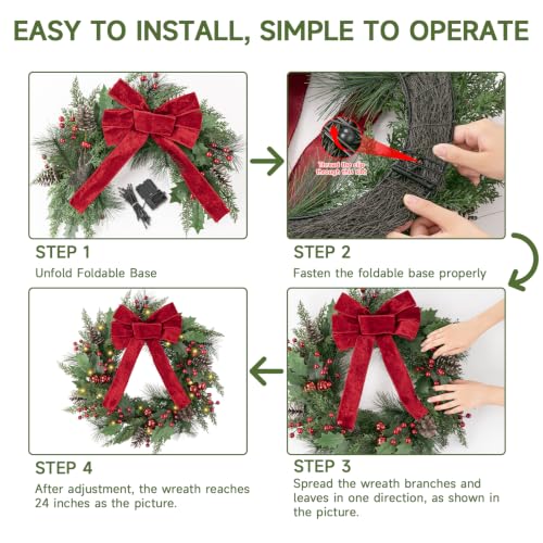 24 Inch Red LED Christmas Wreath Front Door, 50 Lights, Battery Powered