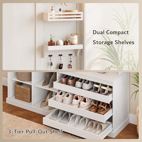 70-Inch Large Hall Tree with Bench and LED Lights, Farmhouse Entryway Storage