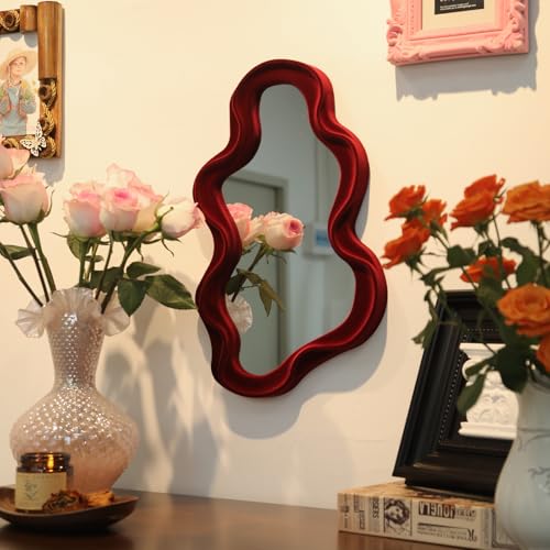 Wine Red Wavy Wall Mirror, 16x10" Flocked Cloud Decorative Mirror