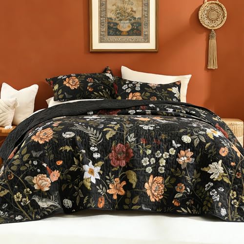 Litanika Floral Black King Quilt Set - 3 Piece Botanical Bedspread Coverlet
