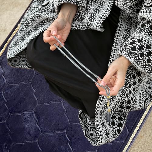 Extra Thick Padded Muslim Prayer Rug with Tasbih Beads - Non-Slip Mat