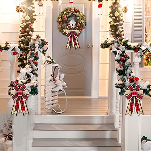 Threetols 2PCS Beige Red Buffalo Plaid Christmas Wreath Bows for Front Door & Holiday Decor