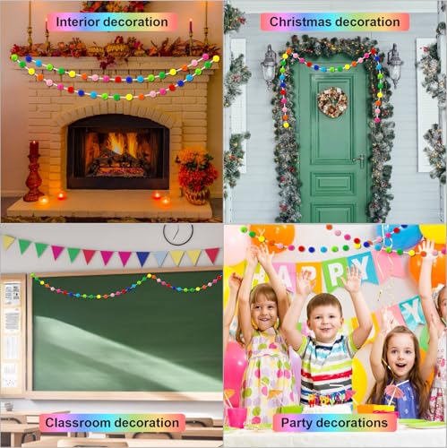 4-Pack Rainbow Pom Pom Garland, 33ft Felt Ball Banner for Party Decor