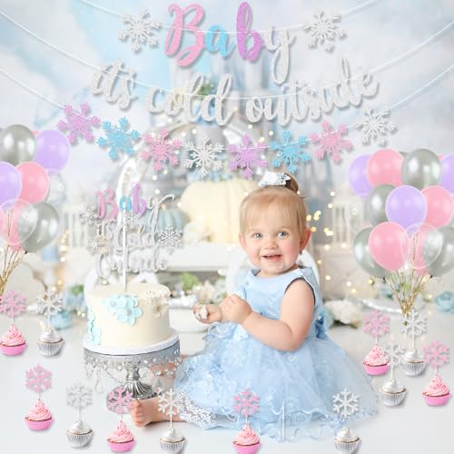 Winter Wonderland Baby Shower Party Decorations Kit with Snowflake Banners Balloons and Cake Toppers