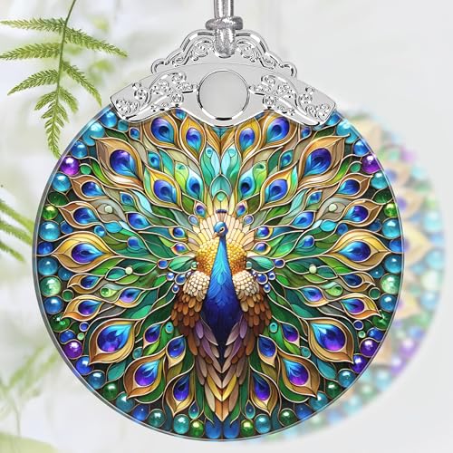 Peacock Stained Glass Ornament - PEMIRSAYO Peacock Christmas Tree Decor (3" x 3.5")