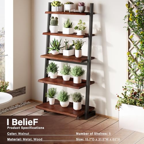 5-Tier Solid Wood Ladder Bookshelf, Rustic Walnut Leaning Storage Shelf