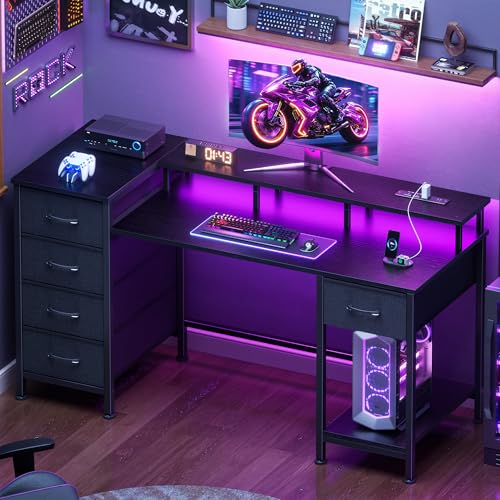 47" Gaming Desk with Power Outlets, LED Lights, Monitor Stand & 5 Drawers