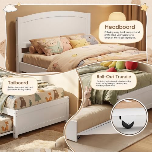 Solid Wood Twin Daybed with Pull-Out Trundle Bed, White Pine Frame