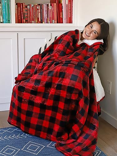 Tirrinia Super Soft Sherpa Fleece Wearable Poncho Blanket for Adults & Kids - Red Plaid