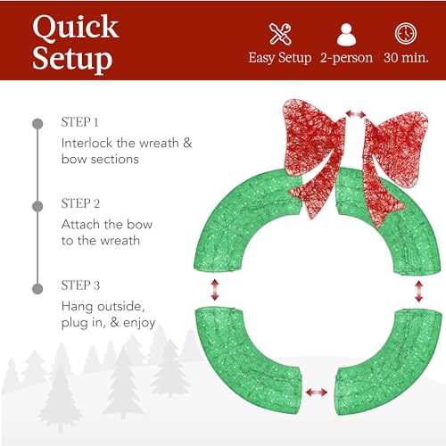 36in Pre-Lit Outdoor Christmas Wreath with 120 LED Lights & Red/Green Bow - Weatherproof Holiday Decor